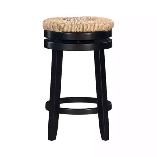 Black Wood Seagrass Seat Swivel Counter Stool