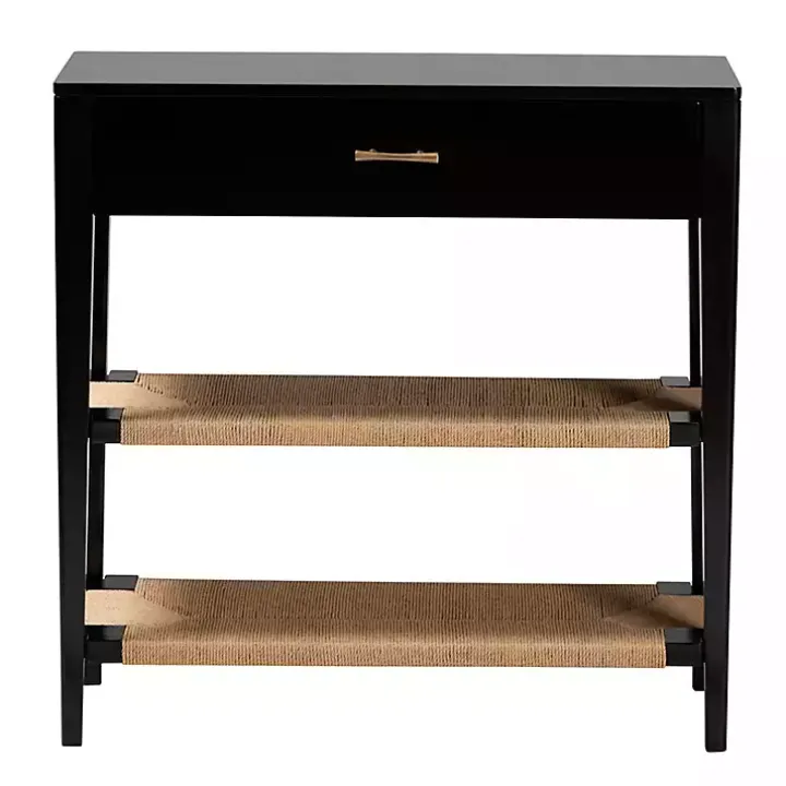Black Wood Woven Shelves Console Table