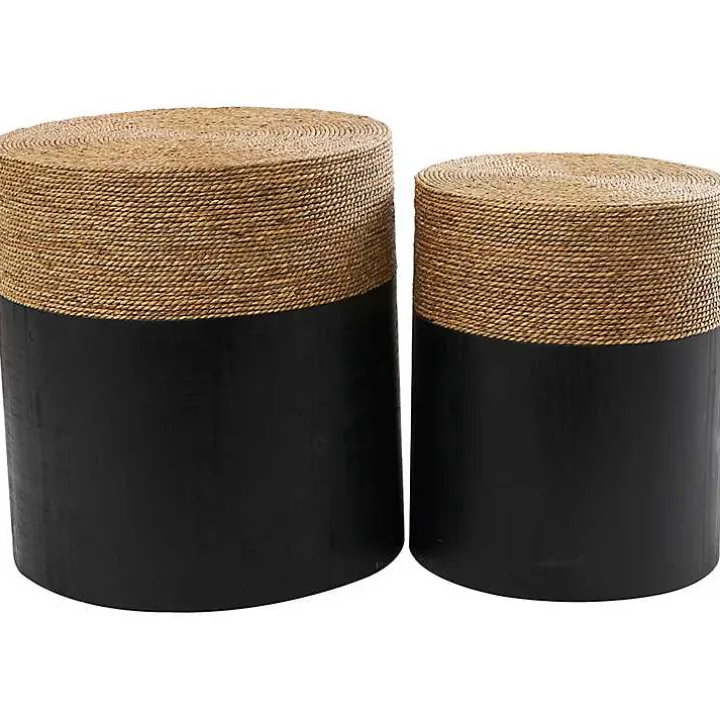 Black Wood Wrapped Rope Accent Tables, Set of 2