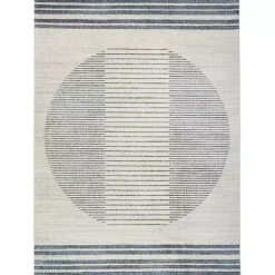 Blue and Ivory Linear Orb Washable Area Rug, 5x7