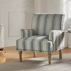 Blue and Ivory Striped Accent Chair