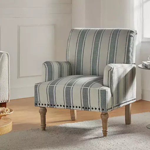 Blue and Ivory Striped Accent Chair