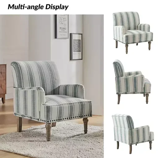 Blue and Ivory Striped Accent Chair