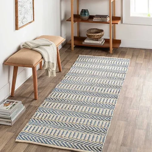 Blue and White Chevron Jute Runner, 2x8