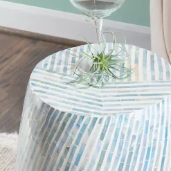 Blue and White Mosaic Capiz Shell Drum End Table