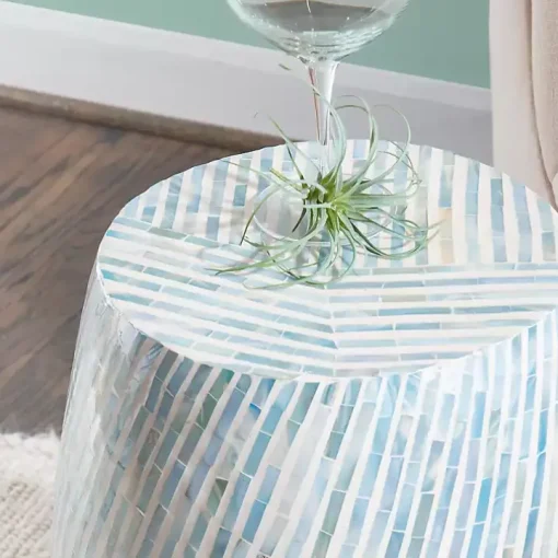 Blue and White Mosaic Capiz Shell Drum End Table