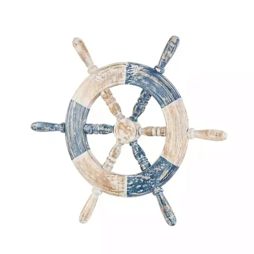 Blue and White Ship Wheel Wall Plaque