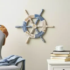 Blue and White Ship Wheel Wall Plaque
