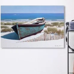 Blue Boat On Beach Canvas Art Print