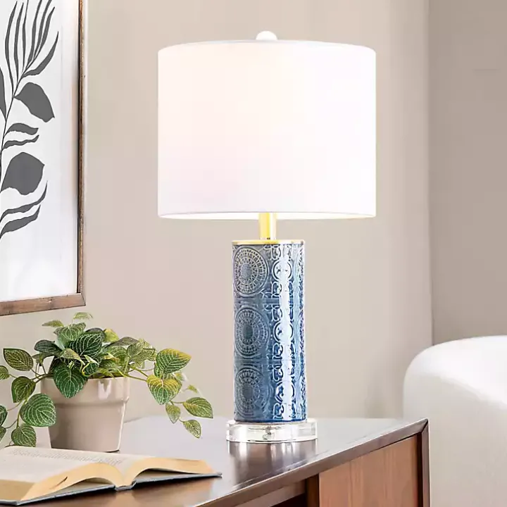 Blue Ceramic Embossed Spiro Table Lamp