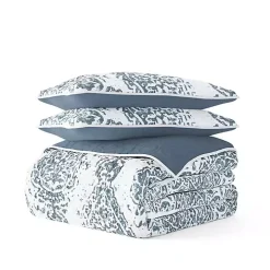 Blue Damask Reversible 3-pc. Queen Quilt Set