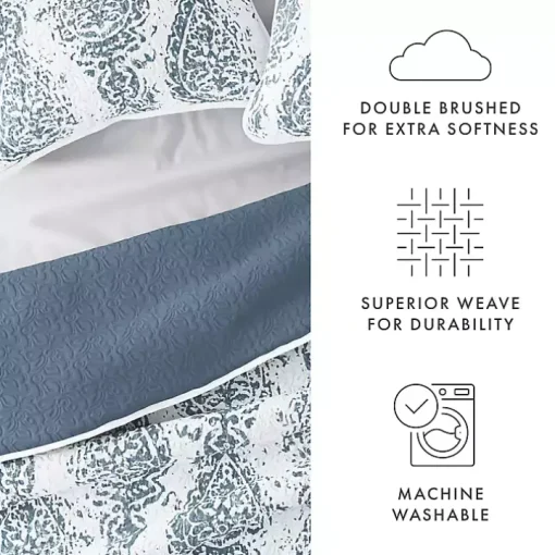 Blue Damask Reversible 3-pc. Queen Quilt Set