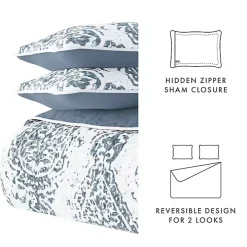 Blue Damask Reversible 3-pc. Queen Quilt Set