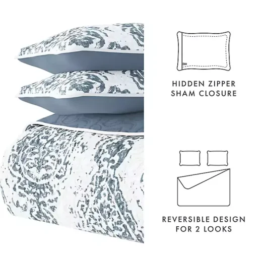 Blue Damask Reversible 3-pc. Queen Quilt Set