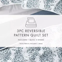 Blue Damask Reversible 3-pc. Queen Quilt Set