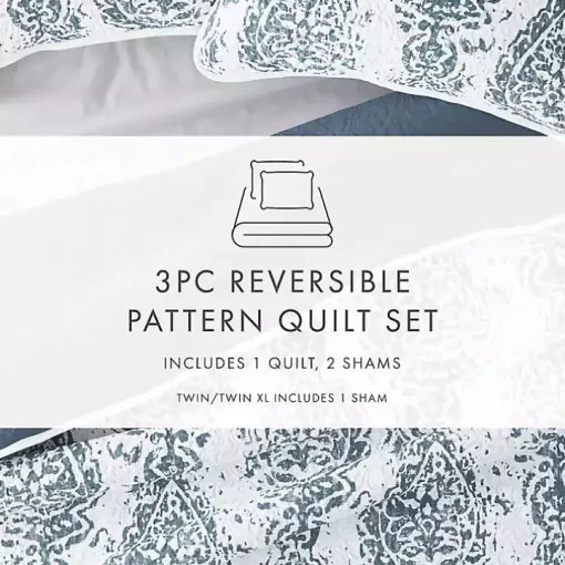 Blue Damask Reversible 3-pc. Queen Quilt Set