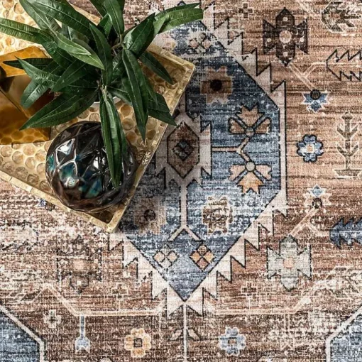Blue Distressed Medallion Washable Area Rug, 8x10