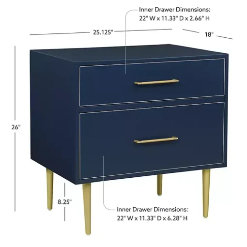 Blue 2-Drawer Nightstand with Gold Hardware