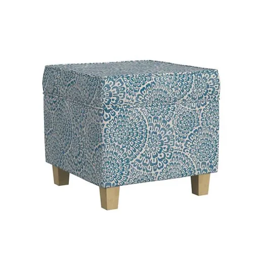 Blue Floral Upholstered Square Storage Ottoman