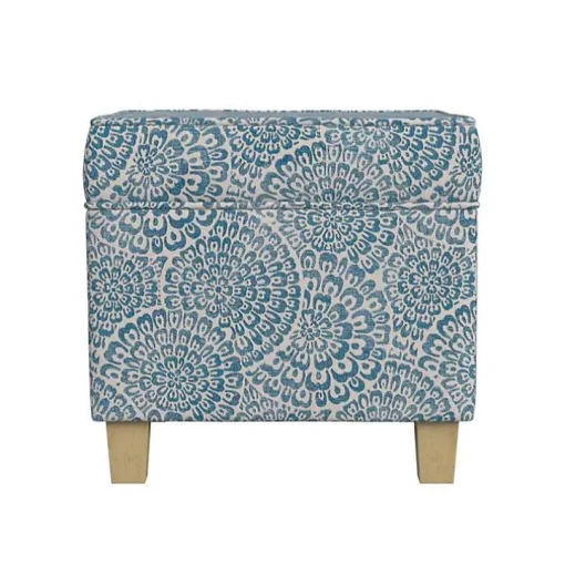 Blue Floral Upholstered Square Storage Ottoman
