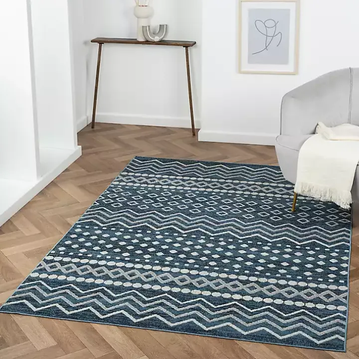 Blue Geometric Stripe Washable Area Rug, 5x7