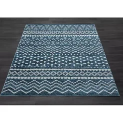Blue Geometric Stripe Washable Area Rug, 5x7