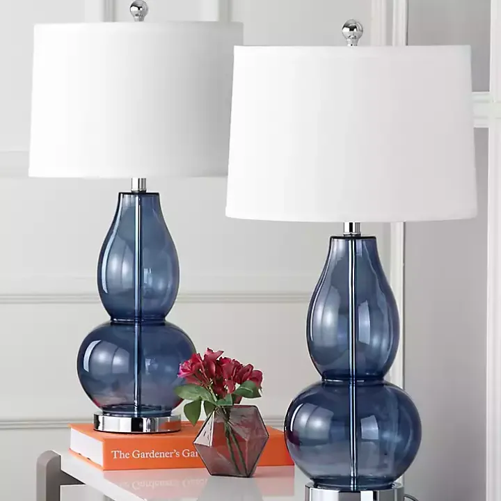 Blue Glass Hourglass Table Lamps, Set of 2
