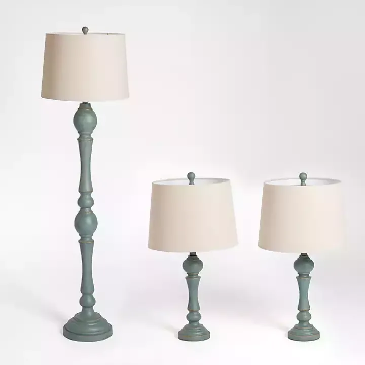 Blue Green Distressed Set of Three Lamps