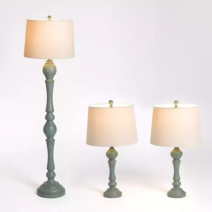Blue Green Distressed Set of Three Lamps