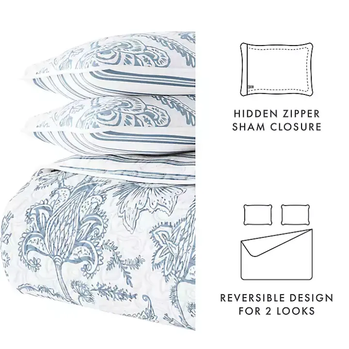 Blue Jacobean Reversible 3-pc. Queen Quilt Set