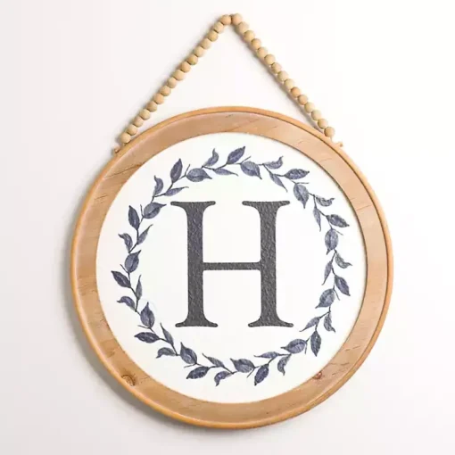 Blue Leaf Wreath Monogram H Wood Wall Plaque