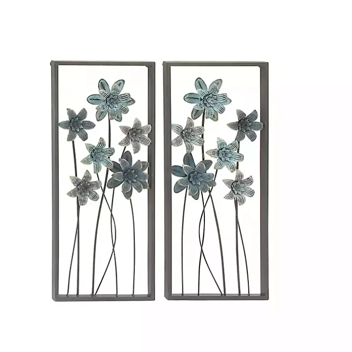 Blue Metal Floral Panel Wall Plaques, Set of 2