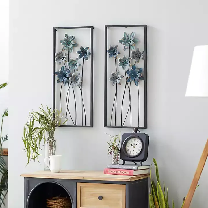 Blue Metal Floral Panel Wall Plaques, Set of 2