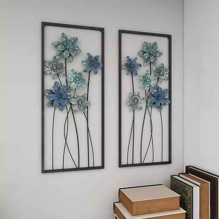 Blue Metal Floral Panel Wall Plaques, Set of 2