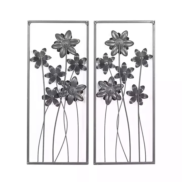 Blue Metal Floral Panel Wall Plaques, Set of 2