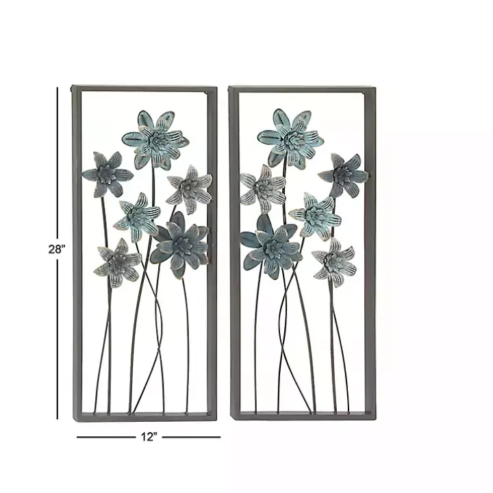 Blue Metal Floral Panel Wall Plaques, Set of 2