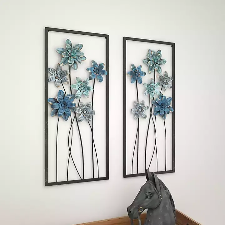 Blue Metal Floral Panel Wall Plaques, Set of 2