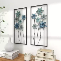 Blue Metal Floral Panel Wall Plaques, Set of 2