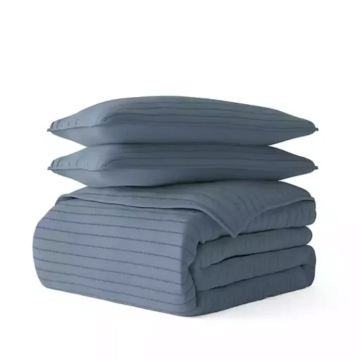 Blue Stitched Stripes 3-pc. Queen Quilt Set