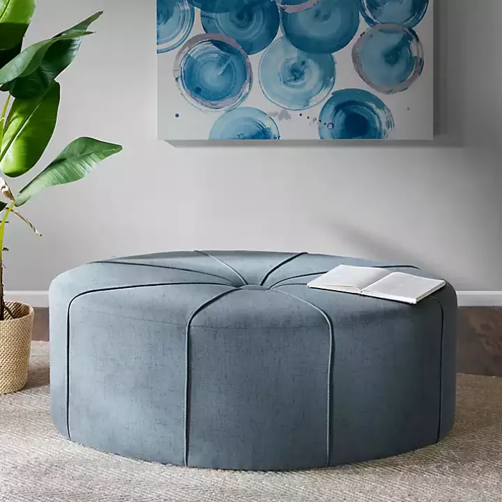 Blue Thick Welting Center Button Oval Ottoman