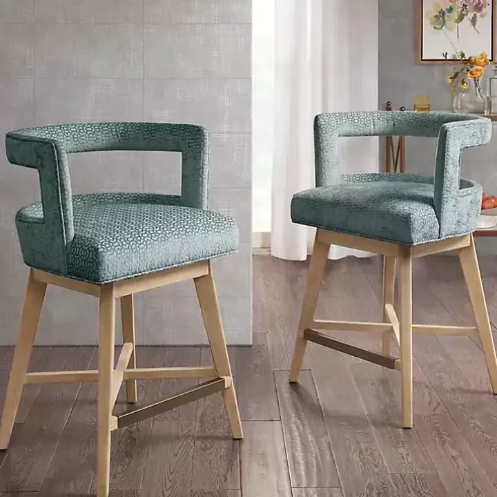 Blue Upholstered Low Back Swivel Counter Stool