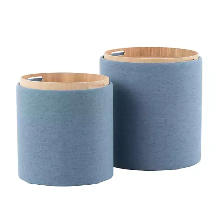Blue Upholstered Ottomans with Tray Tops, Set of 2