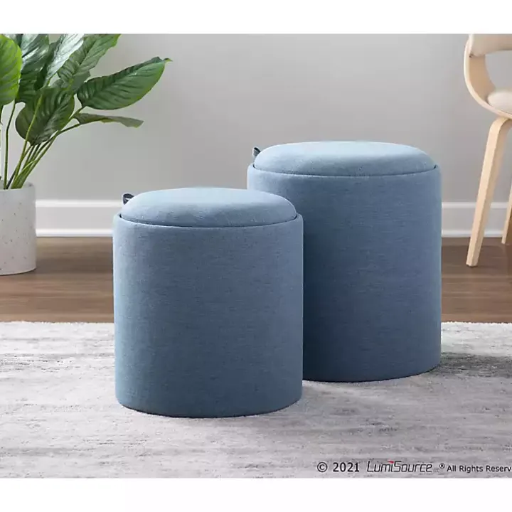Blue Upholstered Ottomans with Tray Tops, Set of 2