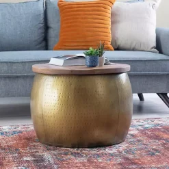 Brass Hammered Drum Storage Coffee Table