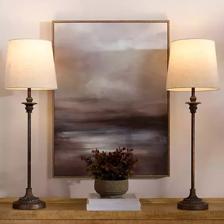 Bronze Metal Candlestick Buffet Lamps, Set of 2