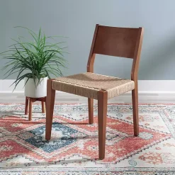 Brown Basketweave Wood Dining Chairs, Set of 2