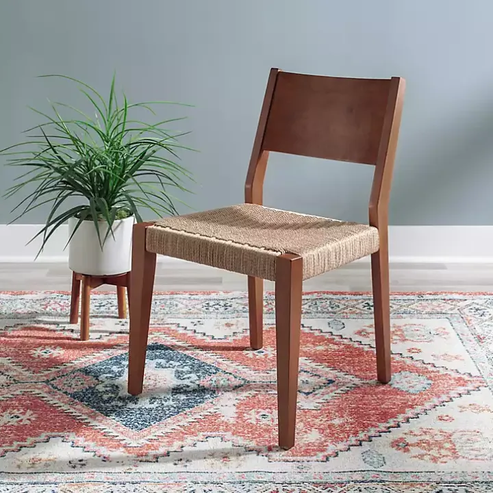 Brown Basketweave Wood Dining Chairs, Set of 2