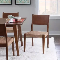 Brown Basketweave Wood Dining Chairs, Set of 2