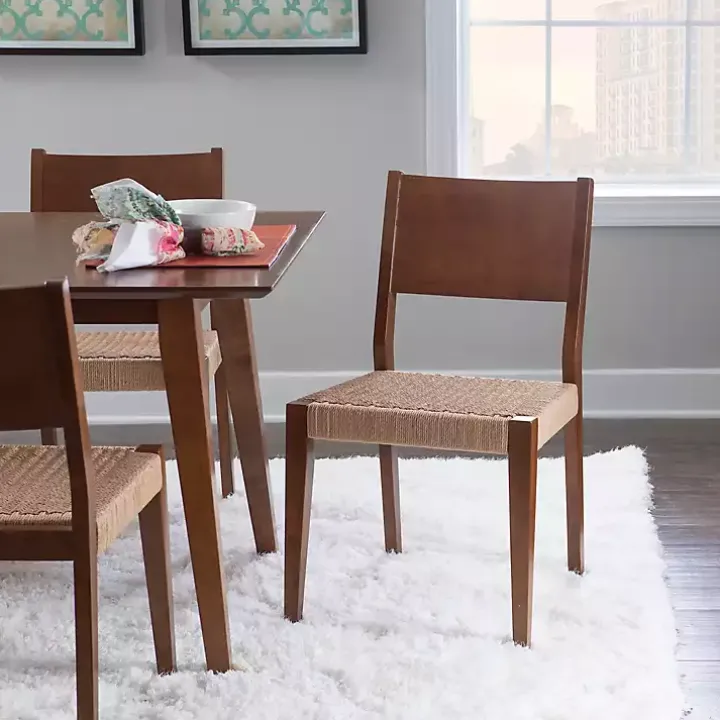 Brown Basketweave Wood Dining Chairs, Set of 2