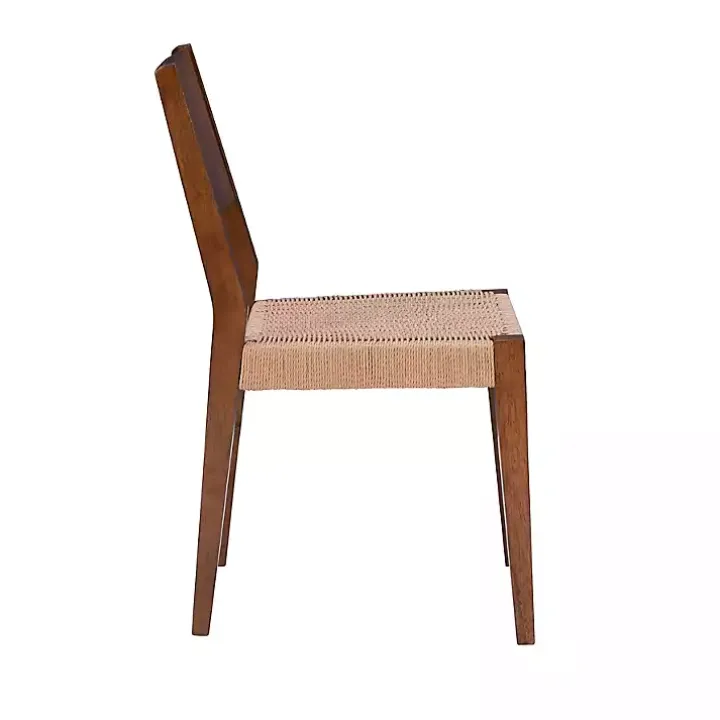 Brown Basketweave Wood Dining Chairs, Set of 2